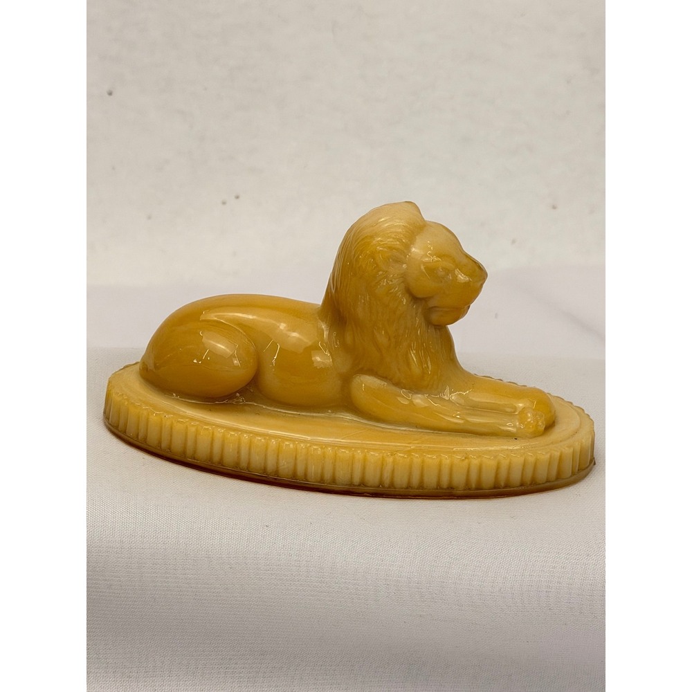 Vintage Yellow Glass Reclining Lion Figurine Fluted Base GD Circled V Logo